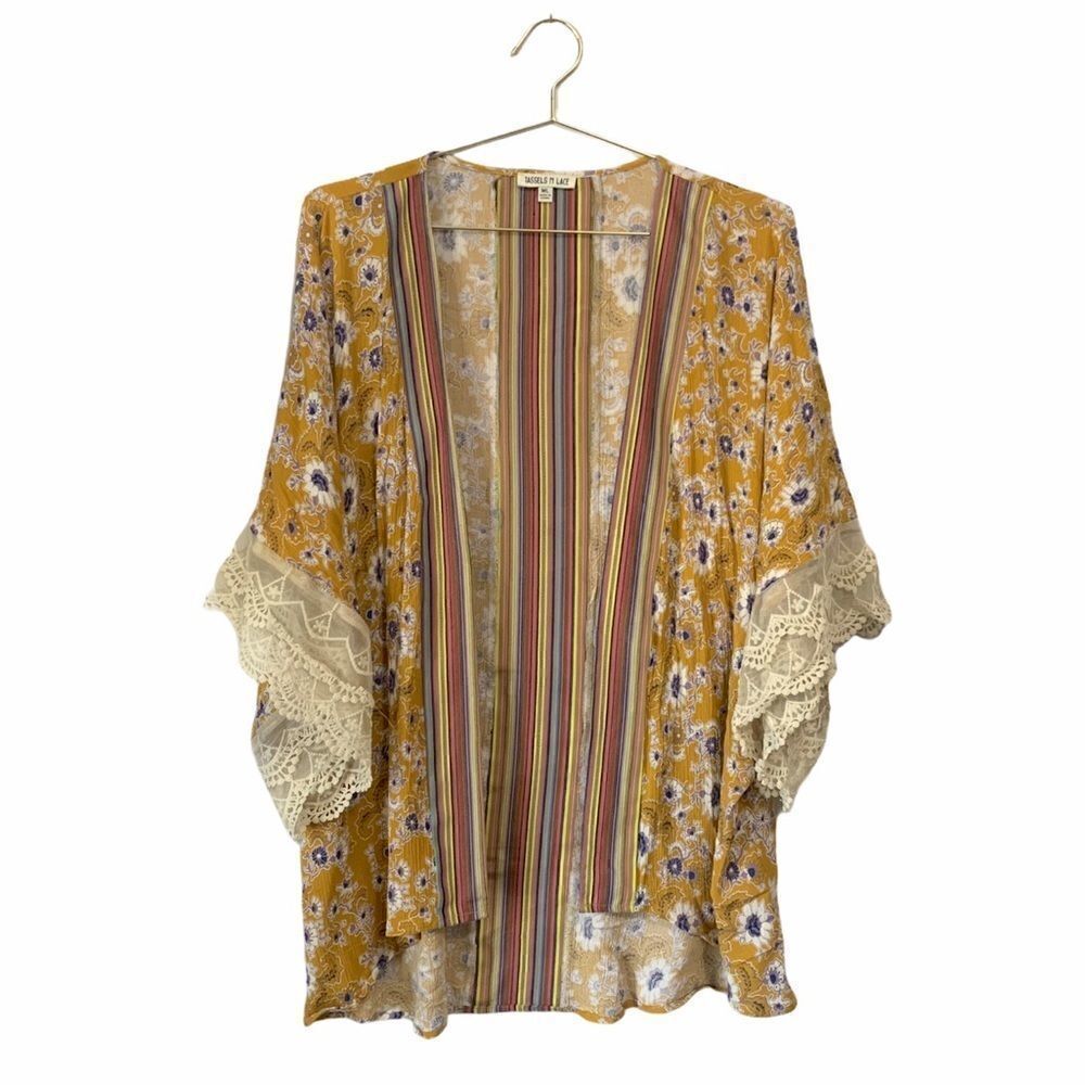 Tassels N Lace Floral & Stripe Kimono Robe w Lace